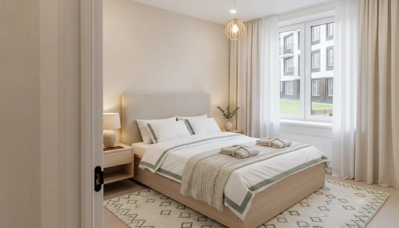 AI-дизайн спальни в стиле Скандинавский, пример 72. Дизайн спальни — Скандинавский, пример 72, создан в приложении U-Deco